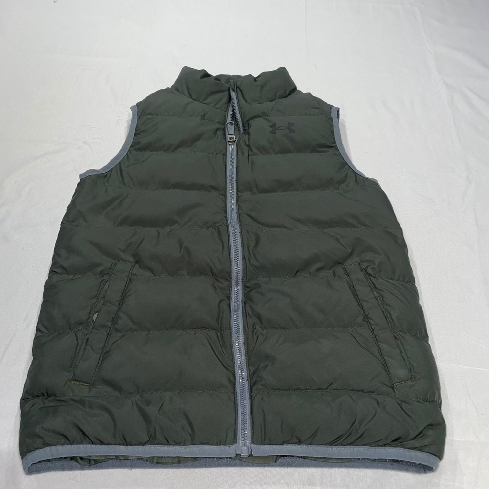 Under Armour ColdGear Youth Medium Puffer Vest Dark Green Full Zip Loose Fit